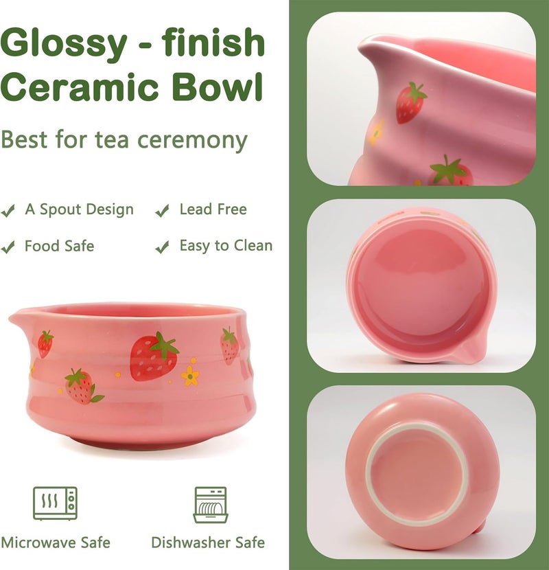 KOIMYSA Pink Strawberry Matcha Set Whisk And Ceremony Bowl, 5 Pcs Ceramic Traditional Matcha Making Kit Gift Set For Women Friends Tea Lover - Image 3